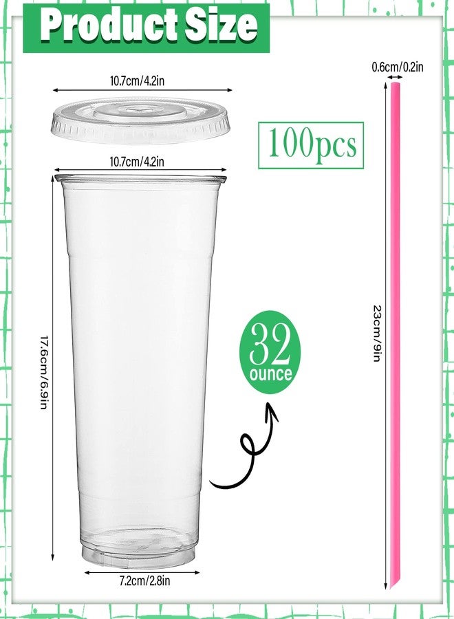 Nuogo أكواب بلاستيكية شفافة 32 أونصة من نوجو 100 مع أغطية مسطحة وقشات، أكواب بلاستيكية PET مع أغطية وقشات ملونة للشرب، أكواب قابلة للتخلص منها للآيس كريم والمشروبات الباردة والقهوة المثلجة والشاي والعصير (متعددة الألوان) - Image 2