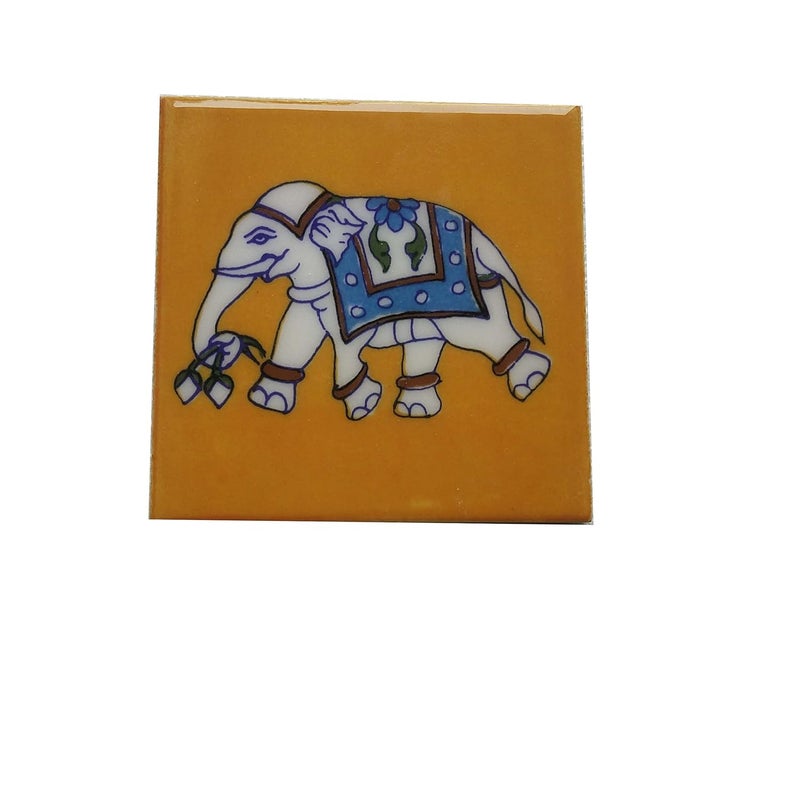 Shiv Kripa Blue Pottery بلاط سيراميك مزخرف باللون الأزرق لتزيين المنزل، تصميم بلاط حائط، بلاط أرضيات مزخرف، بلاط مطبخ، بلاط حمام، بلاط موزاييك، بلاط أثاث، بلاط يدوي، بلاط خلفية 4 × 4 بوصة، عبوة من 6 بلاطات باللونين الأصفر والأزرق - Image 3