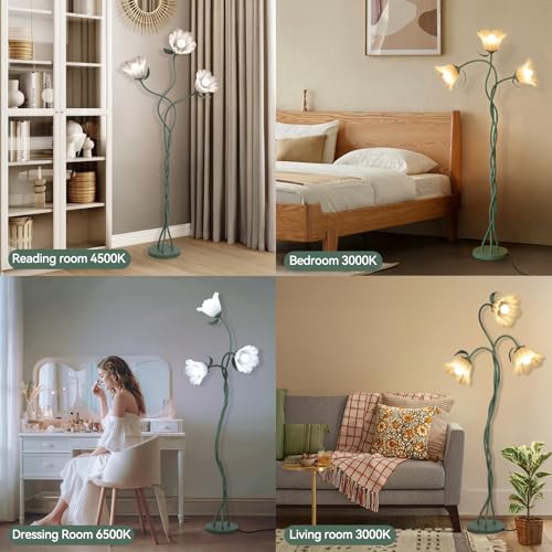 Elaruslux Vintage 3 Heads Flower Floor Lamp with Adjustable Gooseneck Corner Standing Tall Floor Lamp 3 Color Modes for Living Room Bedroom Reading Decoration Vine Floral Lamp with Lily of The Valley - Image 3