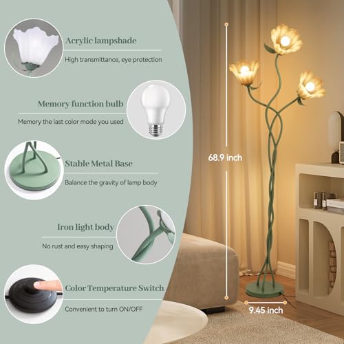 Elaruslux Vintage 3 Heads Flower Floor Lamp with Adjustable Gooseneck Corner Standing Tall Floor Lamp 3 Color Modes for Living Room Bedroom Reading Decoration Vine Floral Lamp with Lily of The Valley - Image 5