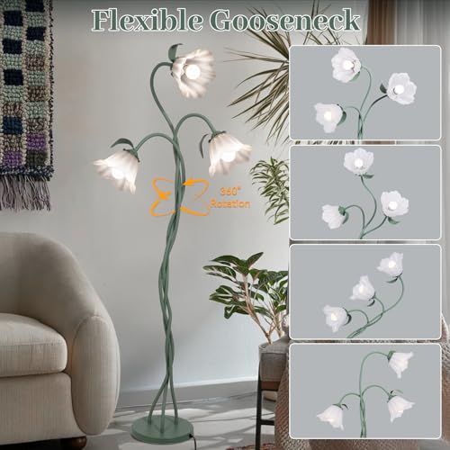 Elaruslux Vintage 3 Heads Flower Floor Lamp with Adjustable Gooseneck Corner Standing Tall Floor Lamp 3 Color Modes for Living Room Bedroom Reading Decoration Vine Floral Lamp with Lily of The Valley - Image 4