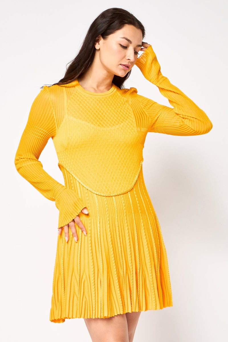GIVENCHY Women Knit Pleated Mini Dress, Golden Yellow - Image 1