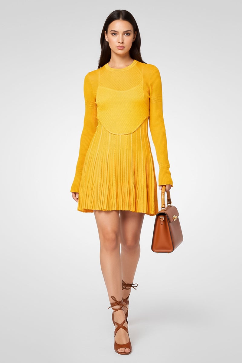 GIVENCHY فستان ميني مطوي محبوك للنساء، أصفر ذهبي - Image 1