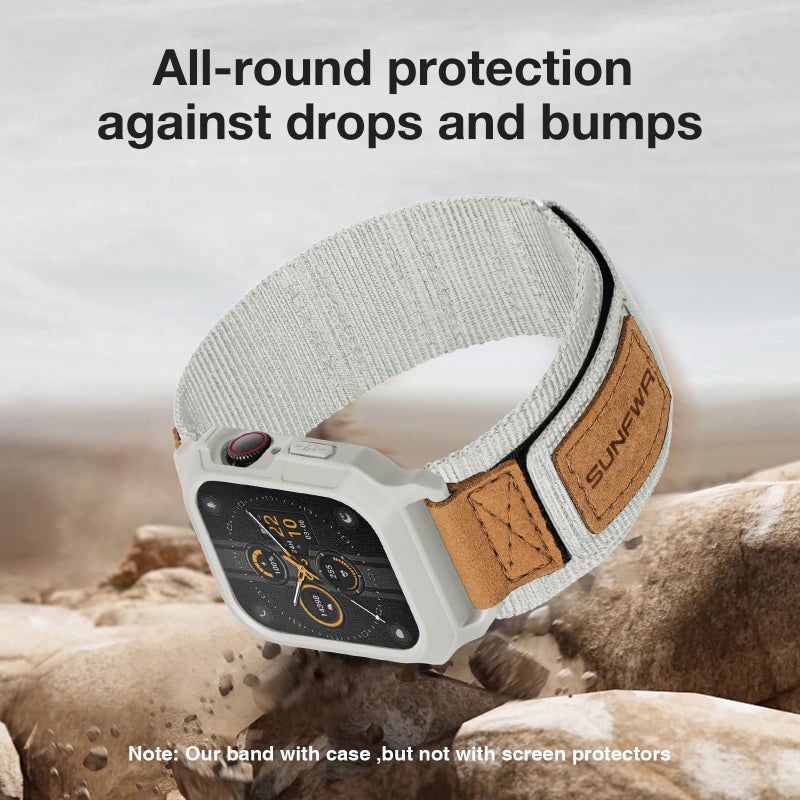 SUNFWR Bands Compatible with Apple Watch 44mm 45mm with Case,Rugged Velcro Sport Apple Watch Strap with Protective Cover for iwatch Series 9/8/7/6/5/4/SE for Men(Apricot grey) - Image 5