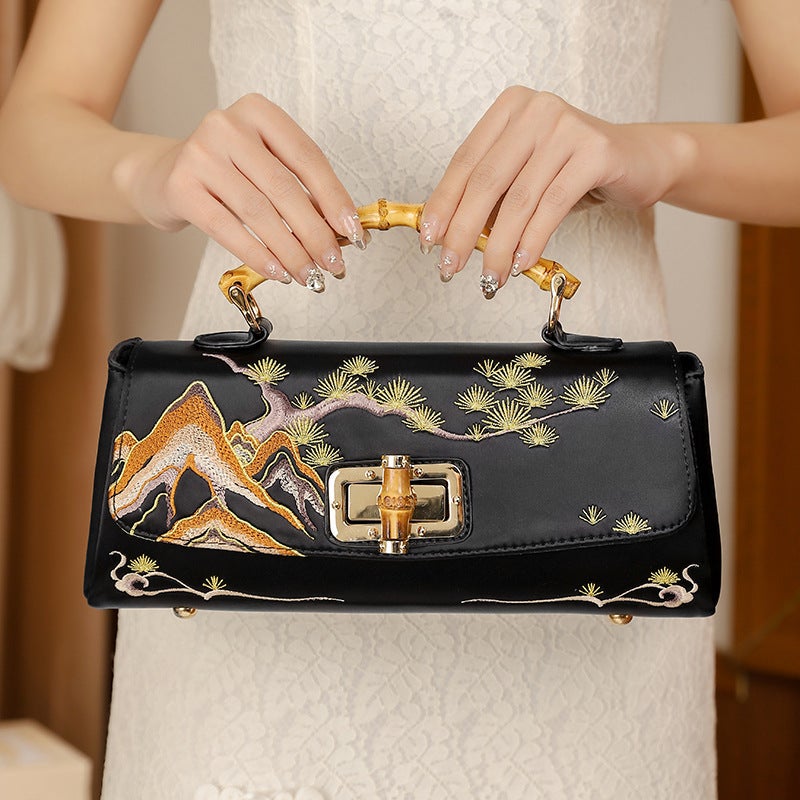 Chinese Style Embroidered Cheongsam Leather Antique Style Handbag Vintage Women'S Bag Handmade Boston Bag Dinner Republic Of China Style - Image 2
