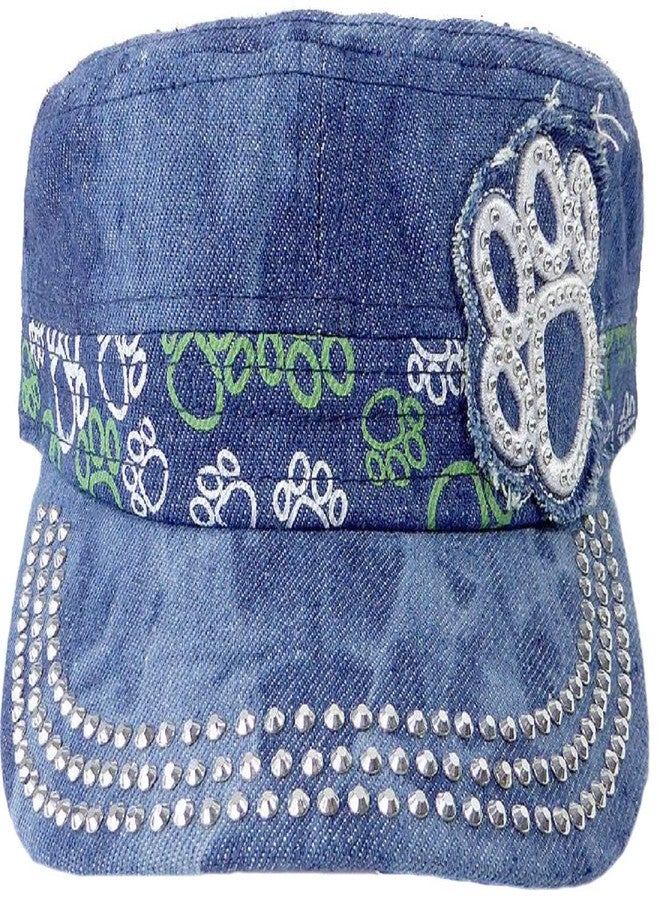 August Paw Print Rhinstone Bling Dazzle Cadet Cap Hat Dog Cat (Denim) - Image 1