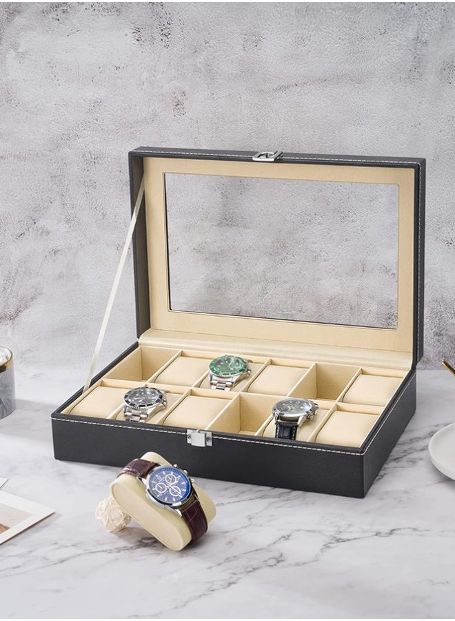 بلومنغ تايم صندوق ساعة ، 12 خلية ساعة / صندوق تخزين مجوهرات ، غطاء شفاف مرئي ، صندوق تخزين من جلد البولي يوريثان ، صندوق تخزين مجوهرات ، بطانة مخملية - Image 1