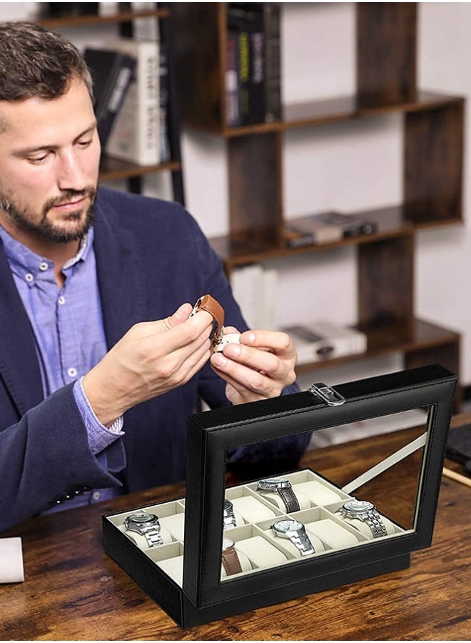 بلومنغ تايم صندوق ساعة ، 12 خلية ساعة / صندوق تخزين مجوهرات ، غطاء شفاف مرئي ، صندوق تخزين من جلد البولي يوريثان ، صندوق تخزين مجوهرات ، بطانة مخملية - Image 3