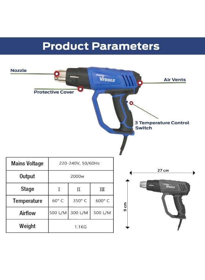 VTOOLS 2000W Hot Air Gun with 6 Pcs Accessories - Image 4