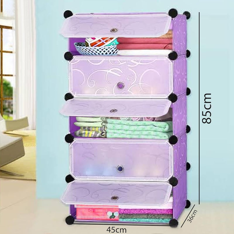 Zemic Multipurpose Portable Baby Wardrobe Organizer Foldable Collapsible DIY Plastic Wardrobe Organizer for Clothes DIY Plastic 5 Shelve Purple Pack of 1 - Image 2