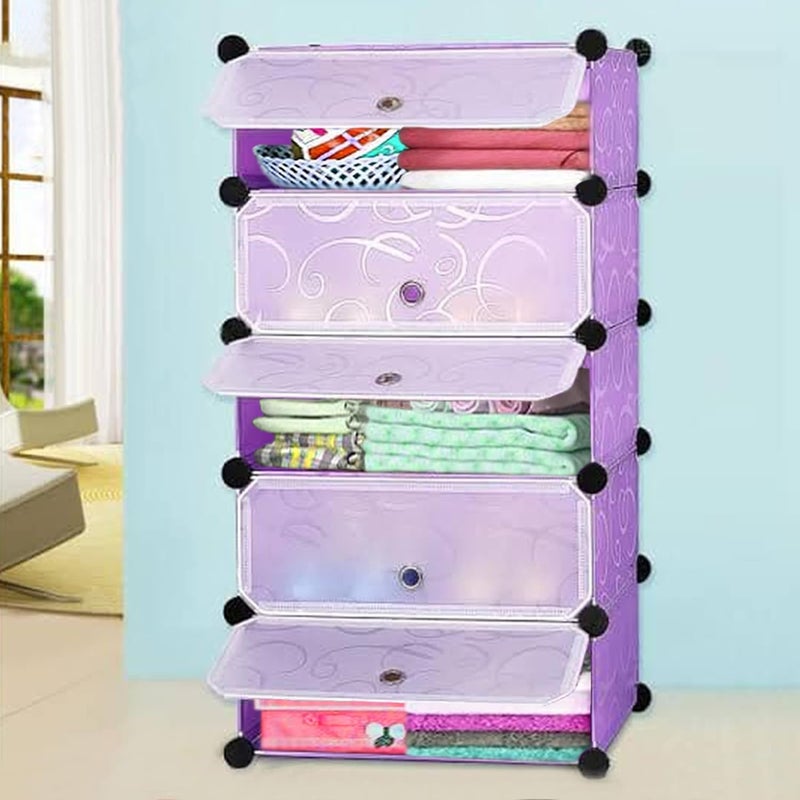 Zemic Multipurpose Portable Baby Wardrobe Organizer Foldable Collapsible DIY Plastic Wardrobe Organizer for Clothes DIY Plastic 5 Shelve Purple Pack of 1 - Image 1