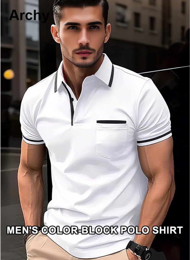 Archy Men's Summer Polo Shirt - Short Sleeve, Button Placket, Chest Pocket, Casual & Sporty - Image 1