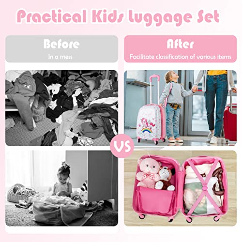 BABY JOY 2 Pcs Kids Luggage Set, 16" Carry-on Luggage Trolley Case & 12" Backpack w/Rolling Wheels, Retractable Handle, Lightweight Airline-approved Design, Kids Suitcase for Girls Boys (Pink Pony) - Image 3