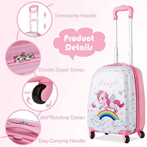 BABY JOY 2 Pcs Kids Luggage Set, 16" Carry-on Luggage Trolley Case & 12" Backpack w/Rolling Wheels, Retractable Handle, Lightweight Airline-approved Design, Kids Suitcase for Girls Boys (Pink Pony) - Image 4