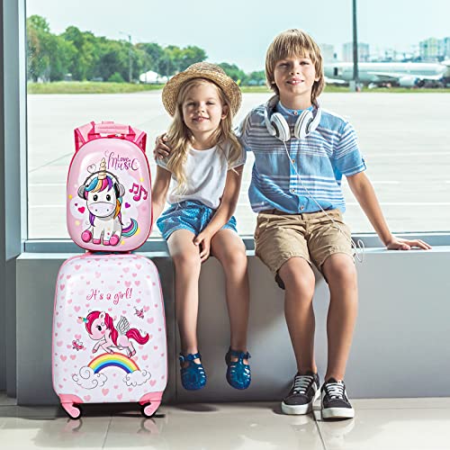 BABY JOY 2 Pcs Kids Luggage Set, 16" Carry-on Luggage Trolley Case & 12" Backpack w/Rolling Wheels, Retractable Handle, Lightweight Airline-approved Design, Kids Suitcase for Girls Boys (Pink Pony) - Image 2