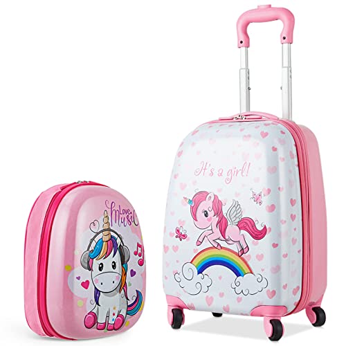 BABY JOY 2 Pcs Kids Luggage Set, 16" Carry-on Luggage Trolley Case & 12" Backpack w/Rolling Wheels, Retractable Handle, Lightweight Airline-approved Design, Kids Suitcase for Girls Boys (Pink Pony) - Image 1