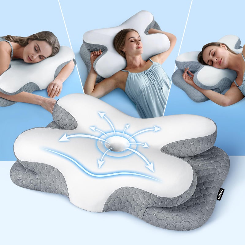 Osteo Enjoy Pain Relief Sleeping Cervical Neck Pillow  Ergonomic Contour Zoned Fits Side Sleeper  Non-Temperature Affected Memory Foam Pillows  Q-max Cooling Pillow Support Back Stomach Sleepers - Image 1