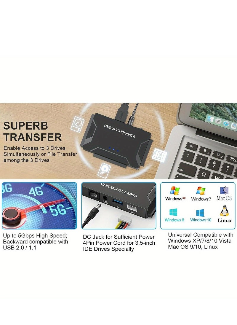 Generic - USB to SATA Adapter 3.0 Reader External Hard Drive Ultra Recovery Converter Universal Hard Drive Adapter Kit for 2.5/3.5 HDD/SSD Hard Drive Disk  Include 12V/2A Power Adapter - Image 1