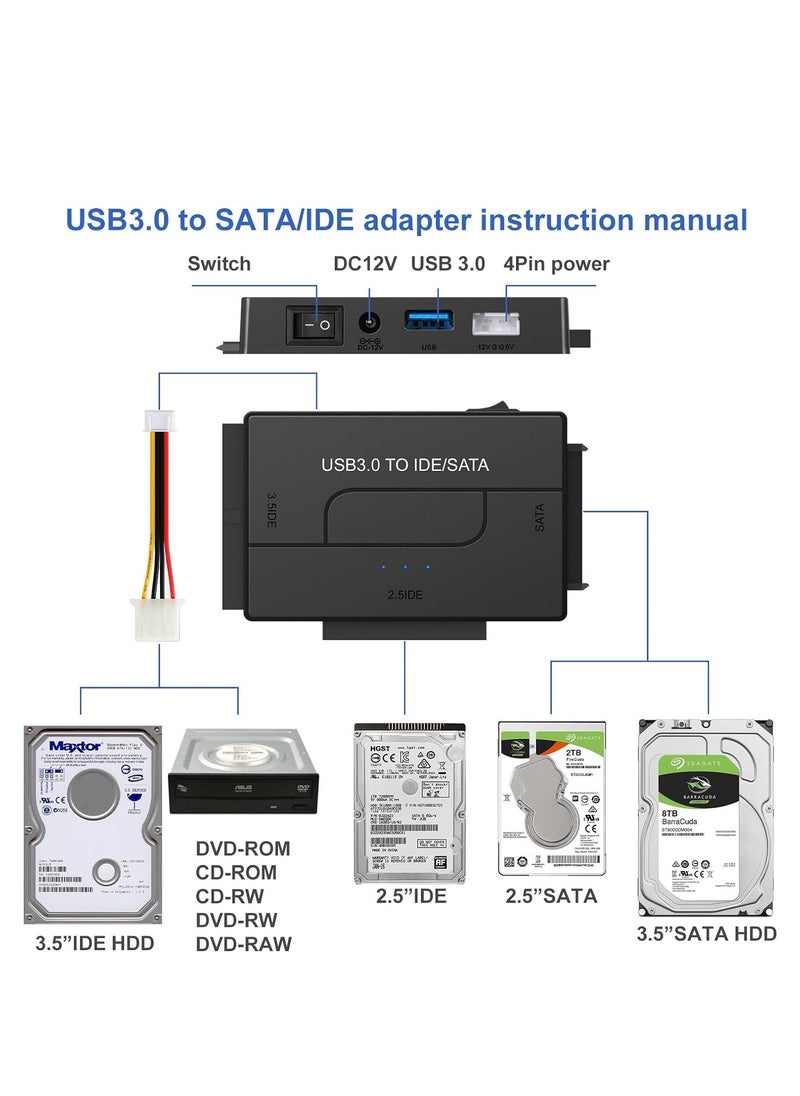 Generic - USB to SATA Adapter 3.0 Reader External Hard Drive Ultra Recovery Converter Universal Hard Drive Adapter Kit for 2.5/3.5 HDD/SSD Hard Drive Disk  Include 12V/2A Power Adapter - Image 1