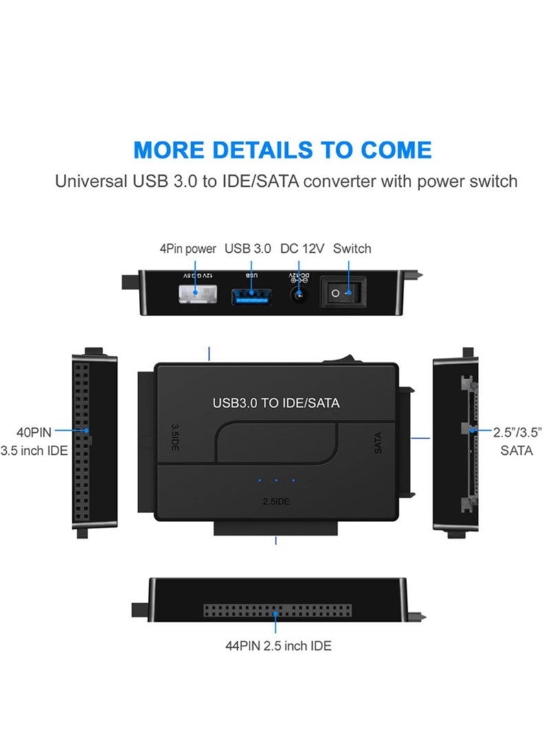 Generic - USB to SATA Adapter 3.0 Reader External Hard Drive Ultra Recovery Converter Universal Hard Drive Adapter Kit for 2.5/3.5 HDD/SSD Hard Drive Disk  Include 12V/2A Power Adapter - Image 1