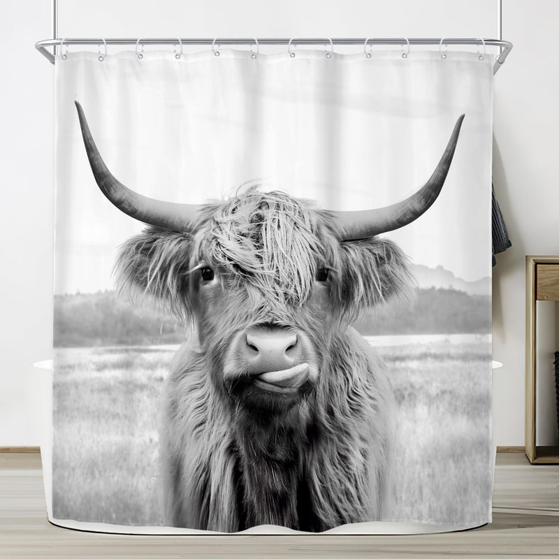 Riyidecor Farmhouse Highland Cow Shower Curtain Western Bull Wildlife Portrait Animal Funny Country 72Wx72H Inch 12 Pack Plastic Hooks Kids Sketch Waterproof Fabric Modern Polyester Bathroom Decor