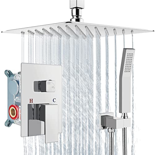 Aolemi Ceiling Mount Shower System Rain Shower Head with Handheld Spray High Pressure Shower Faucet Set Rough-in Valve Shower Trim Kit Included Bathroom Polish Chrome 12 Inch Ceiling Shower Head - Image 1