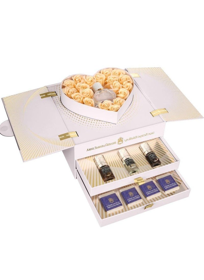 Abdul Samad Al Qurashi Rose heart box, body musk perfume, 30 ml, royal hair makhmariya, 6 ml, special Taif rose, 6 ml, oud oil, 6 ml, musk cubes, 4 pieces 