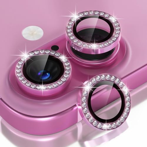 Choiche Compatible for iPhone 16 /iPhone 16 Plus Camera Lens Protector Bling, 9H Tempered Glass Camera Cover Screen Protector Metal Ring Decoration Accessories(Diamond-Pink) - Image 1
