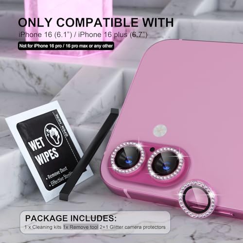 Choiche Compatible for iPhone 16 /iPhone 16 Plus Camera Lens Protector Bling, 9H Tempered Glass Camera Cover Screen Protector Metal Ring Decoration Accessories(Diamond-Pink) - Image 2