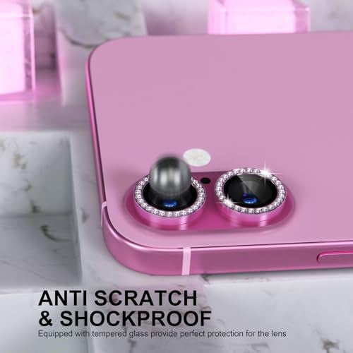Choiche Compatible for iPhone 16 /iPhone 16 Plus Camera Lens Protector Bling, 9H Tempered Glass Camera Cover Screen Protector Metal Ring Decoration Accessories(Diamond-Pink) - Image 3