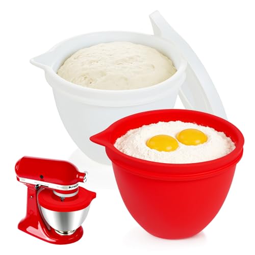 PQPO Silicone Liners Compatible with KitchenAid 4.5-5 Quart Tilt-Head mixer Bowl,2 Liners with Lids(White＋Red） - Image 1