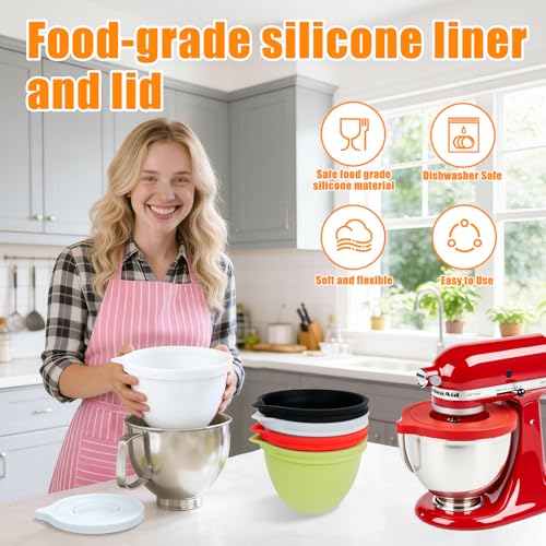 PQPO Silicone Liners Compatible with KitchenAid 4.5-5 Quart Tilt-Head mixer Bowl,2 Liners with Lids(White＋Red） - Image 3