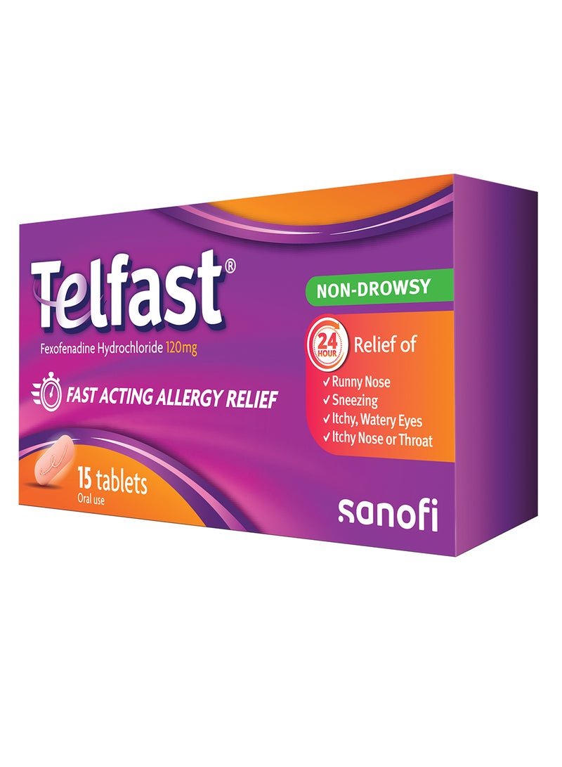 sanofi أقراص تيلفاست® 120 ملغ لمكافحة الحساسية لتخفيف الحساسية السريع، 15 قرص