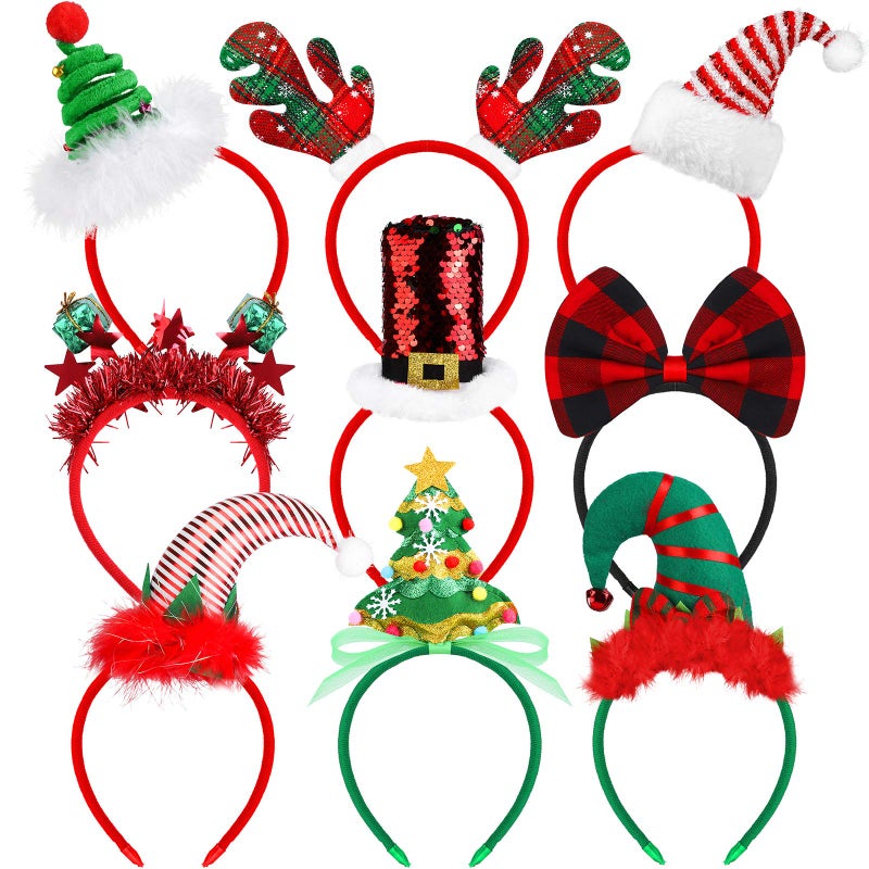 Elcoho 9 Pack Christmas Headbands Assortment - Party Toys Hats Costume Reindeer Santa for Holiday Party, 9 Styles - Image 1