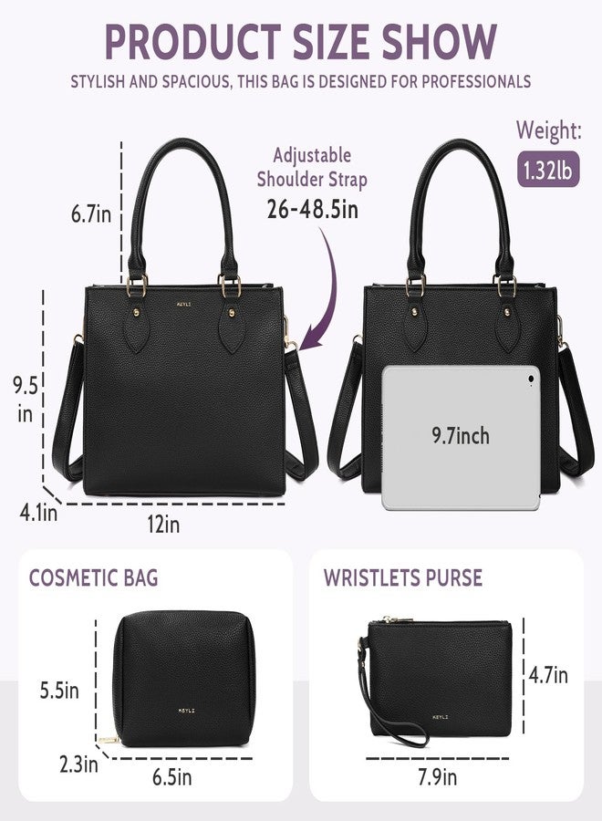 Keyli 3PCS Tote Bag for Women Trendy lightweight crossbody shoulder bags waterproof leather Handbags Satchel for Working, Travel and Shopping Black - Image 2