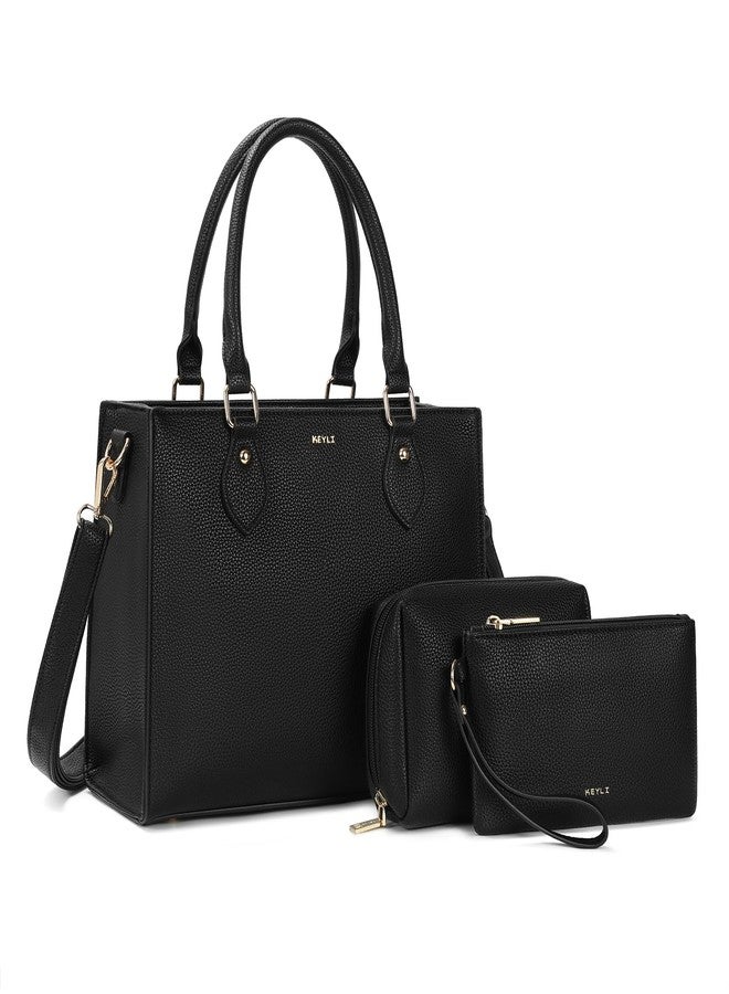 Keyli 3PCS Tote Bag for Women Trendy lightweight crossbody shoulder bags waterproof leather Handbags Satchel for Working, Travel and Shopping Black - Image 1
