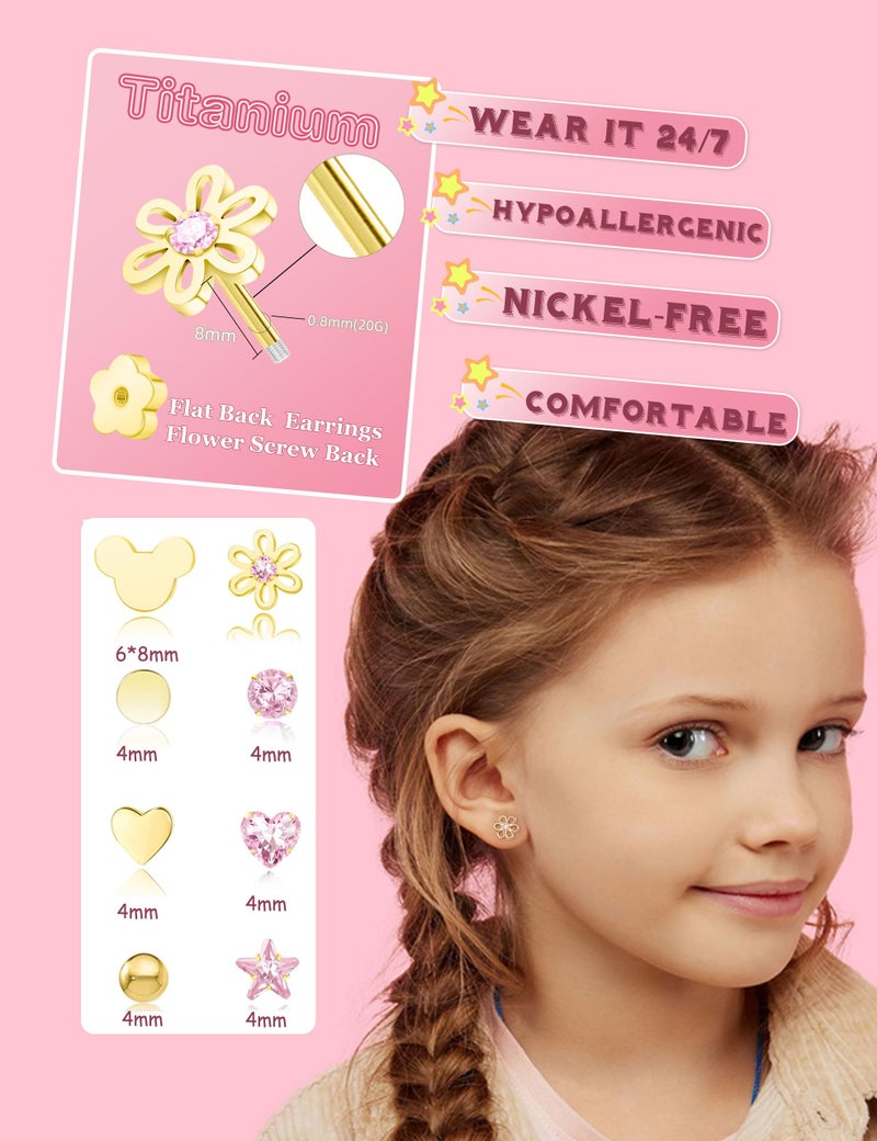 DAILI Hypoallergenic 14K Gold Earrings for Girls Women, Toddler Screw Back Baby Earrings for Sensitive Ears Silver Kids Earrings Cute Flower Heart Star Ball Dot Mouse Titanium Flat Back Stud Earring Sets (gold-style3) - Image 2