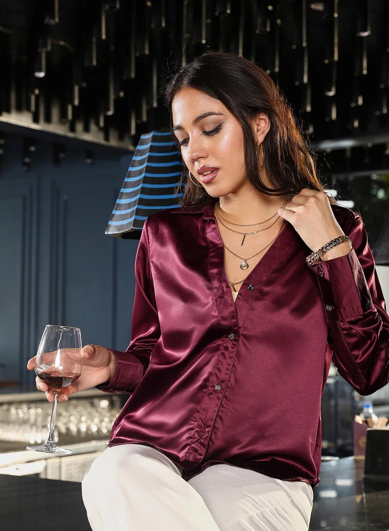 PINACOLADA Women's Burgundy Red Satin Tailored Shirt