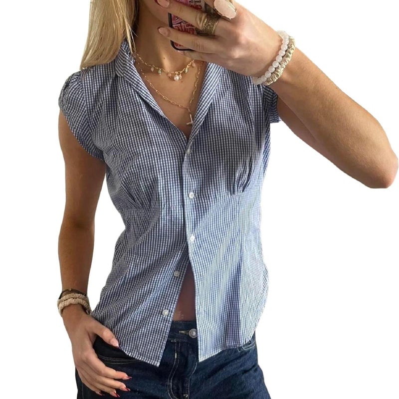 Argeousgor Women Y2k Plaid Button Up Shirt Cute Preppy Cap Sleeve V Neck Crop Top Coquette Babydoll Blouse Fitted Going Out Top (Plaid Blue, S) - Image 1
