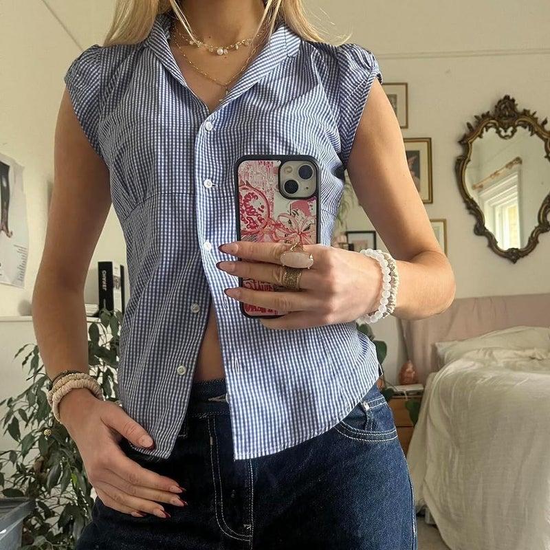 Argeousgor Women Y2k Plaid Button Up Shirt Cute Preppy Cap Sleeve V Neck Crop Top Coquette Babydoll Blouse Fitted Going Out Top (Plaid Blue, S) - Image 2