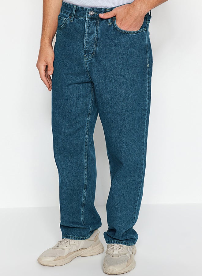 trendyol Navy Blue Vintage Look Baggy Fit Jeans Denim Trousers TMNAW24JE00027 - Image 1