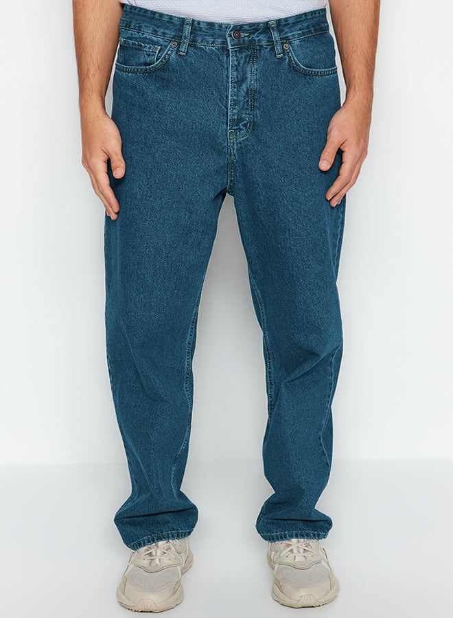 trendyol Navy Blue Vintage Look Baggy Fit Jeans Denim Trousers TMNAW24JE00027 - Image 2