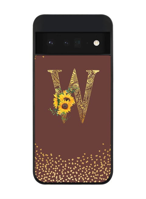 Rugged Black edge case for Google Pixel 6 Pro 5G Slim fit Soft Case Flexible Rubber Edges Anti Drop TPU Gel Thin Cover - Custom Monogram Initial Letter Floral Pattern Alphabet - W (Brown )