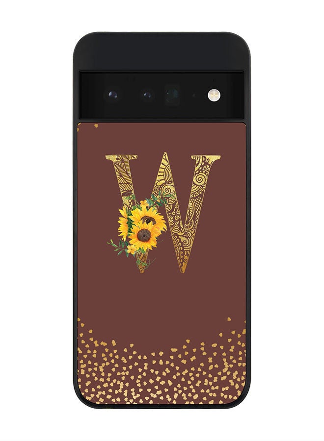 Rugged Black edge case for Google Pixel 6 Pro 5G Slim fit Soft Case Flexible Rubber Edges Anti Drop TPU Gel Thin Cover - Custom Monogram Initial Letter Floral Pattern Alphabet - W (Brown )