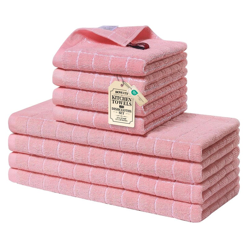 Homaxy Kitchen Towels and Dishcloths Set, 12 x 12 and 13 x 28 Inches, Set of 8 Bulk Cotton Terry Kitchen Towels Set, Checkered Designed, Soft and Super Absorbent Dish Towels, Pink - Image 1