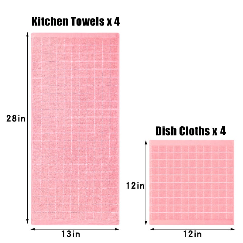 Homaxy Kitchen Towels and Dishcloths Set, 12 x 12 and 13 x 28 Inches, Set of 8 Bulk Cotton Terry Kitchen Towels Set, Checkered Designed, Soft and Super Absorbent Dish Towels, Pink - Image 4