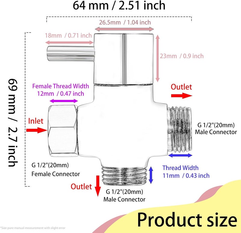 G1/2" Shower Head Diverter Valve, Solid Brass Shower Arm Diverter Valve for Hand Held Showerhead and Fixed Spray Head, 20mm Diameter 3-Way Universal Shower System Replacement Part (Chrome Finish) - Image 3