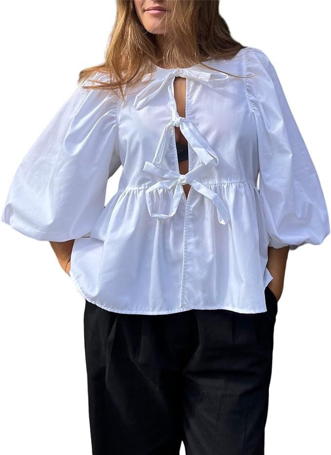 Womens Lace-Up Front Top Leopard Print Ruffled Doll Top 3/4 Length Puff Sleeve White