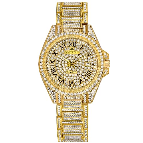 SWADESI STUFF Glint Hand-Studded Diamonds Gold Date Dial Premium Luxury Stainless Steel Strap Analog Watch For Men, Gold Band - Image 1
