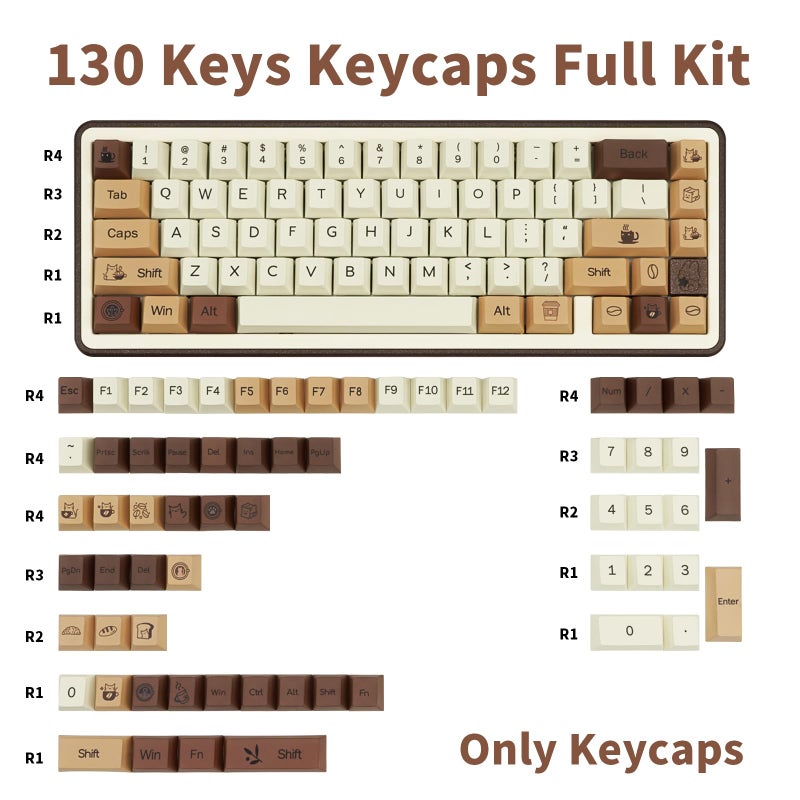 COOMICKEY Brown PBT Keycaps, Coffee Cat Cute Keycaps, Cherry Profile Key caps 60 65 75 100 Percent, Dye-Sublimation Custom 130 Keys Set for 100%, 75%, 65%, 60% Cherry Gateron MX Switches Keyboards - Image 2